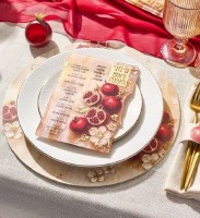 Additional picture of Lucite Rosh Hashanah Simanim Painted Card Pomegranate Design Hebrew Ashkenaz Gold 5.5" x 8"
