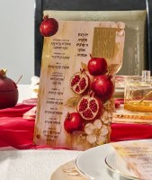 Additional picture of Lucite Tabletop Simanim Plaque Hand Painted Pomegranate Design Hebrew Ashkenaz Gold 6" x 9"