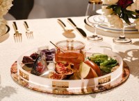 Additional picture of Lucite Round Swivel Simanim Tray with Honey Dish and Spoon Blush Nectar Design Gold 12"