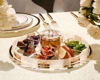 Additional picture of Lucite Round Swivel Simanim Tray with Honey Dish and Spoon Lucent Design Gold 12"