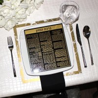 Additional picture of Birchas Hamazon Lucite Cards Set of 8 with Holder Black Background with Contrasting Gold Ink Edut Mizrach