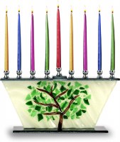 Additional picture of Glass Candle Menorah Hand Crafted Tree of Life Shattered Leaves Design Green