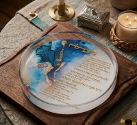 Additional picture of Lucite Round Havdallah Tray Hebrew Ashkenaz Blue Marble Design Gold Accent
