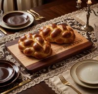 Additional picture of Wooden Challah Board Wide Center Stripe Design Brown