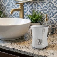 Additional picture of Polymer Round Wash Cup Embossed Design Curved Handles White 5"