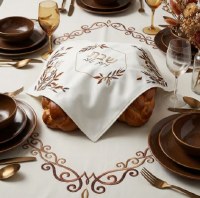 Additional picture of Faux Leather Challah Cover Embroidered Brown Floral Design Hexagon Center Cream 21.5" x 17.7"
