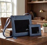 Additional picture of Tallis and Tefillin Bag Set Faux Leather Smooth Design Border Velvet Insert Blue Black