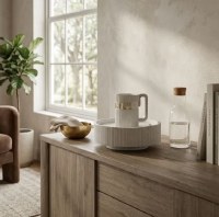 Additional picture of Polymer Mayim Achronim Set Deep Scored Stripes Design Gold Letters Light Gray