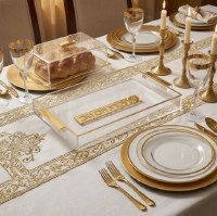 Additional picture of Lucite Rectangle Challah Bread Tray Gold Handles 7" x 13"