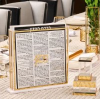 Additional picture of Lucite Classic Bencher Holder Clear Base Includes Set Of 8 White Lucite Birchas Hamazon Cards Ashkenaz Gold Accent