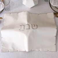 Additional picture of Faux Leather Challah Cover Embroiderd Words Laser Cut Border White Silver 19"