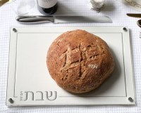 Additional picture of Lucite Challah Board Glass Top Embroidered Leatherette Silver Design