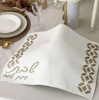 Additional picture of Faux Leather Challah Cover Floral Laser Cut Design White Gold