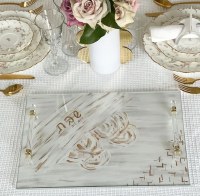 Additional picture of Glass Challah Board Painted Brushstrokes Design Gold