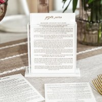 Additional picture of Clear Lucite Bencher Holder with 8 White Lucite Hebrew Birchas Hamazon Cards Edut Mizrach Small Size