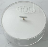 Additional picture of Lucite Round Matzah Box Corrugated Design with Leatherette Handle White 13.8"