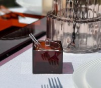 Additional picture of Lucite Square Colored Honey Dish with Spoon Brown 3"