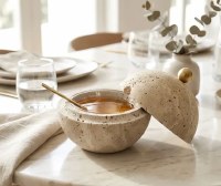 Additional picture of Travertine Round Honey Dish Gold Knob with Spoon Beige 3.5"