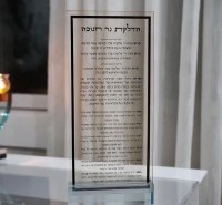 Additional picture of Lucite Hadlokas Neiros Chanukah Card Hebrew Menukad Black Border Amber with Teal Base 8.5"