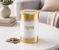 Additional picture of Enamel Tzedaka Charity Box Brushed Design Gold