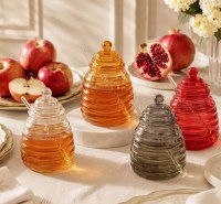 Additional picture of Glass Honey Dish Hive Design with Spoon Amber