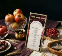Additional picture of Lucite Simanim Card Hebrew Velvet Orchard Design Gold Trim 8.5"