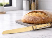 Additional picture of Challah Knife Lucite Handle Steel Serrated Blade Classic Design Gold 13"
