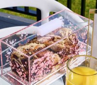 Additional picture of Lucite Rectangle Cake Dome Cherry Blossom Design Small Size Pink 10"