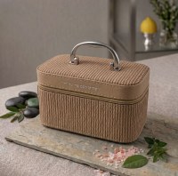 Additional picture of Faux Leather Esrog Box Carrying Case Stripe Design Chrome Handle Light Brown 7.5" x 4"