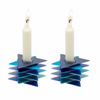 Additional picture of Yair Emanuel Metal Candlesticks 2 Piece Set Magen David Design Blue 3" x 2"
