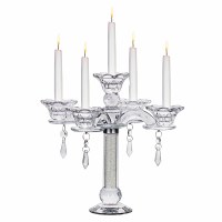 Additional picture of Crystal Candelabra 5 Branch Flower Cup Design with Crushed Crystals in Stem Accented with Hanging Medallions Round Base 9.8"