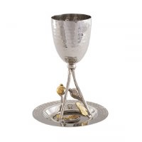 Additional picture of Yair Emanuel Hammered Stainless Steel  Kiddush Cup on Brass Pomegranate Design Stem with Tray