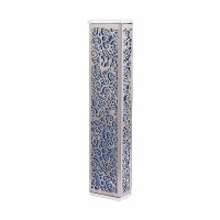 Additional picture of Yair Emanuel Mezuzah Case Wide Anodized Metal Cutout Pomegranate Design Blue 12cm