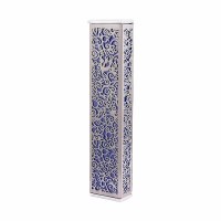 Additional picture of Yair Emanuel Mezuzah Case Wide Anodized Metal Cutout Pomegranate Design Purple 12cm