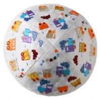 Additional picture of Yair Emanuel Embroidered Kids Kippah White with Colorful Trains