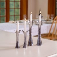 Additional picture of Yair Emanuel Aluminum Candlesticks Hammered Flower Design Large Size Silver 8"
