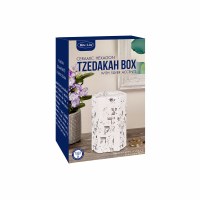 Additional picture of Ceramic Tzedakah Box Hexagon Shape Silver Accent White 5.5"