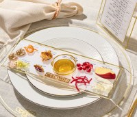 Additional picture of Lucite Raised Simanim Tray Pomegranate Design Hebrew Ashkenaz Gold 4 Pack 11" x 4"
