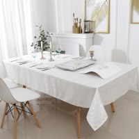 Additional picture of Jacquard Tablecloth White Mosaic Print 70" x 144"