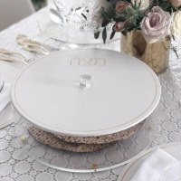 Additional picture of Lucite Matzah Box with Leatherette Cover Gold Accent 13.75"