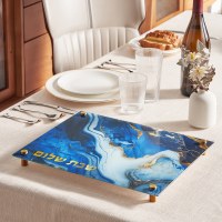 Additional picture of Glass Challah Board Raised Legs Marble Design Blue 15" x 12"