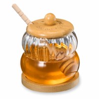 Additional picture of Glass Honey Jar Dish on Stand with Wood Lid and Honey Dipper 4.5" H