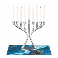 Additional picture of Tempered Glass Menorah Drip Tray Blue Marble Design 11.75"