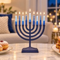 Additional picture of Metal Candle Menorah Traditional Style Brushed Matte Navy Finish 8.5"