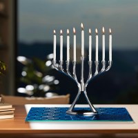 Additional picture of Tempered Glass Menorah Drip Tray Many Menorahs Design Extra Large Size Blue 15" x 12"