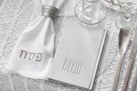 Additional picture of Faux Leather Napkin Rings Pesach Embossed Silver 4 Pack