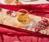 Additional picture of Lucite Rosh Hashanah Simanim Tray with Honey Dish and Spoon Painted Pomegranates Design Gold Accent 16.5"