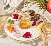 Additional picture of Lucite Simanim Tray Classic Design Hebrew Pomegranate Accent Gold 11"