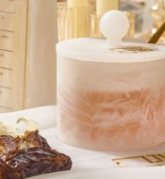 Additional picture of Resin Marbled Simanim Tray with Honey Dish and Spoon Curve Design Hebrew Gold 17" x 7"