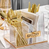 Additional picture of Lucite Cutlery Bencher Caddy Includes Set of 3 Lucite Birchas Hamazon Cards Hebrew Gold Ashkenaz